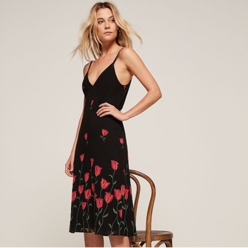 Reformation Black and Red Floral Slip Dress